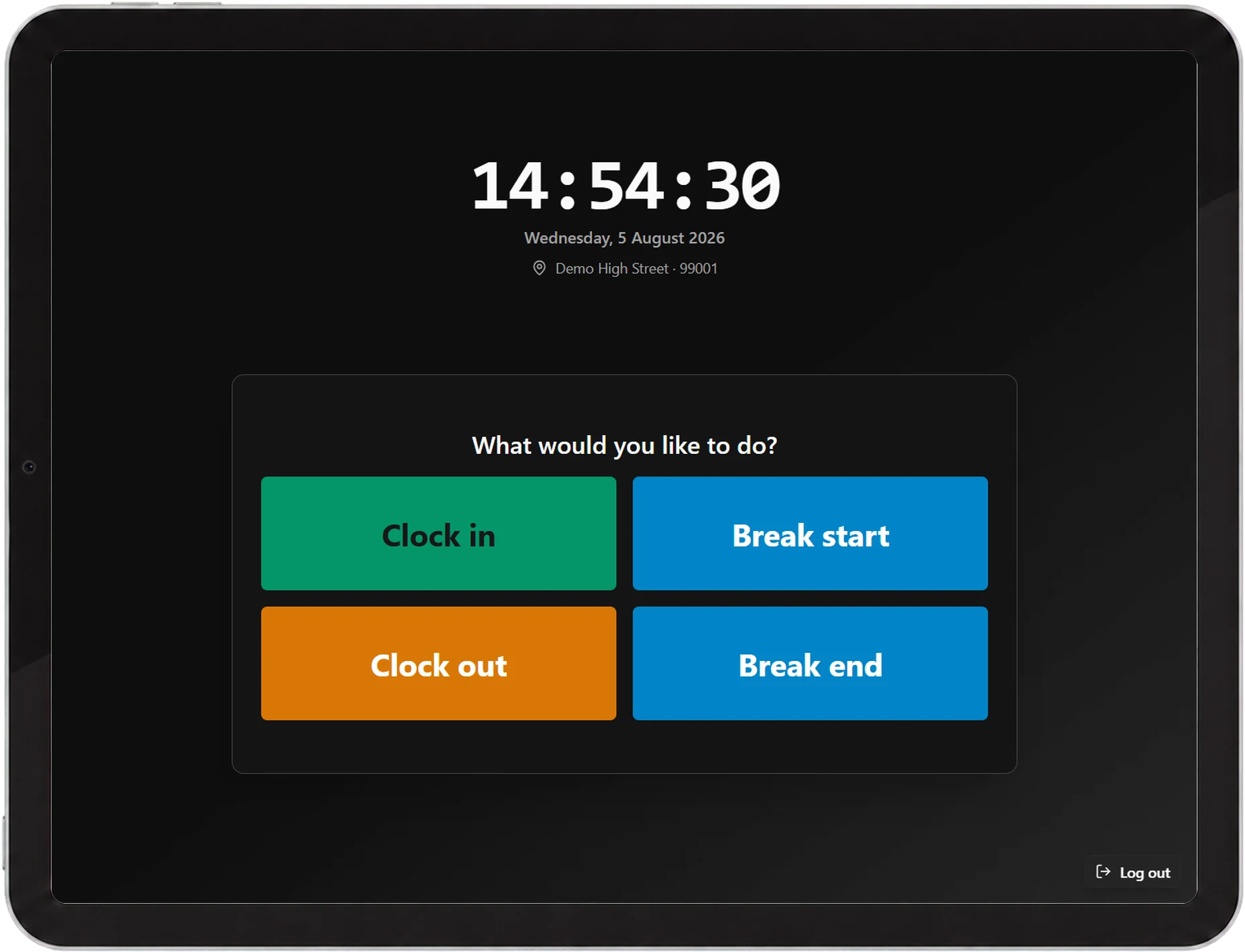 Fictional skuer tablet clock-in workspace showing clock-in, clock-out and break controls