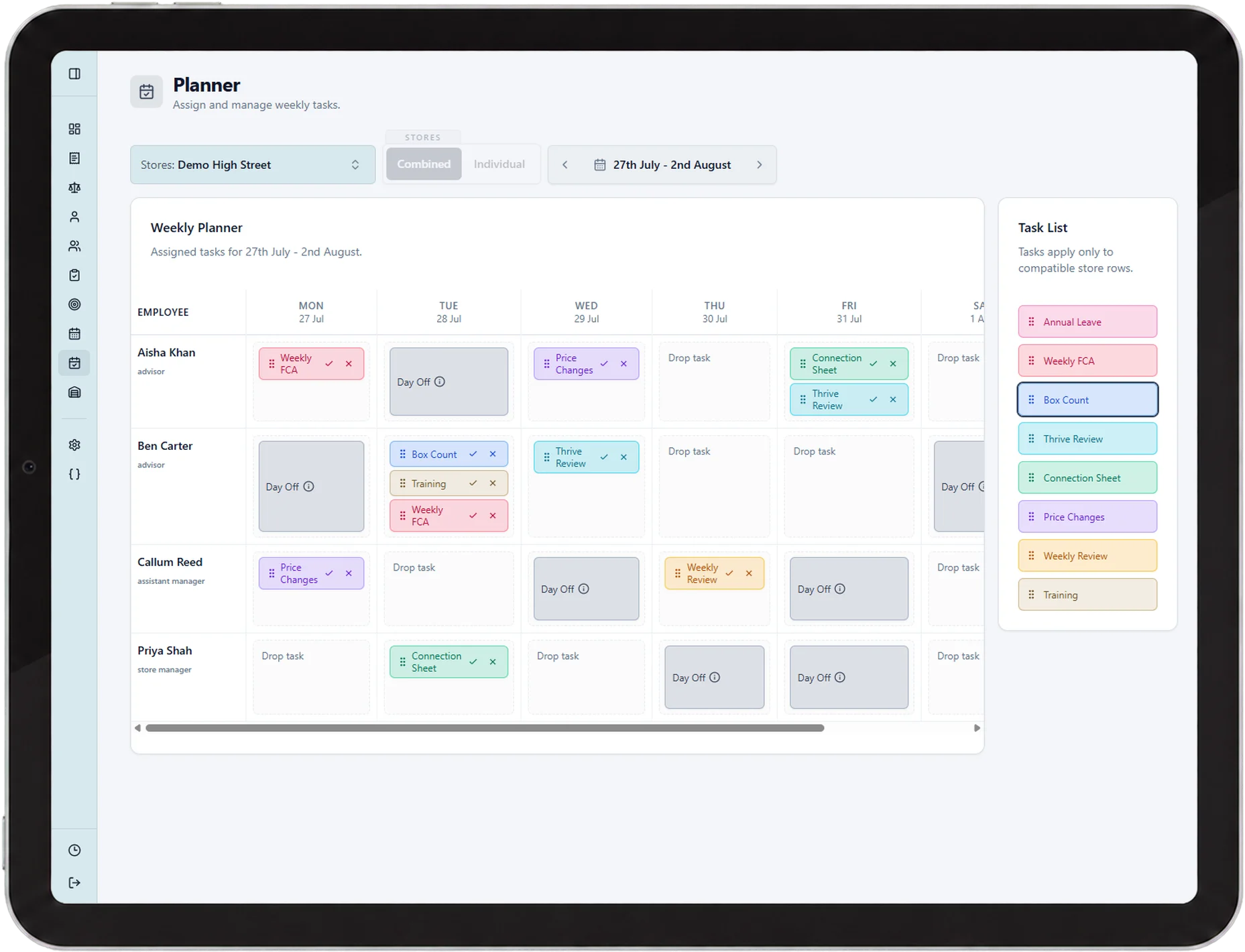 Fictional skuer tablet planner showing weekly tasks assigned across a retail team