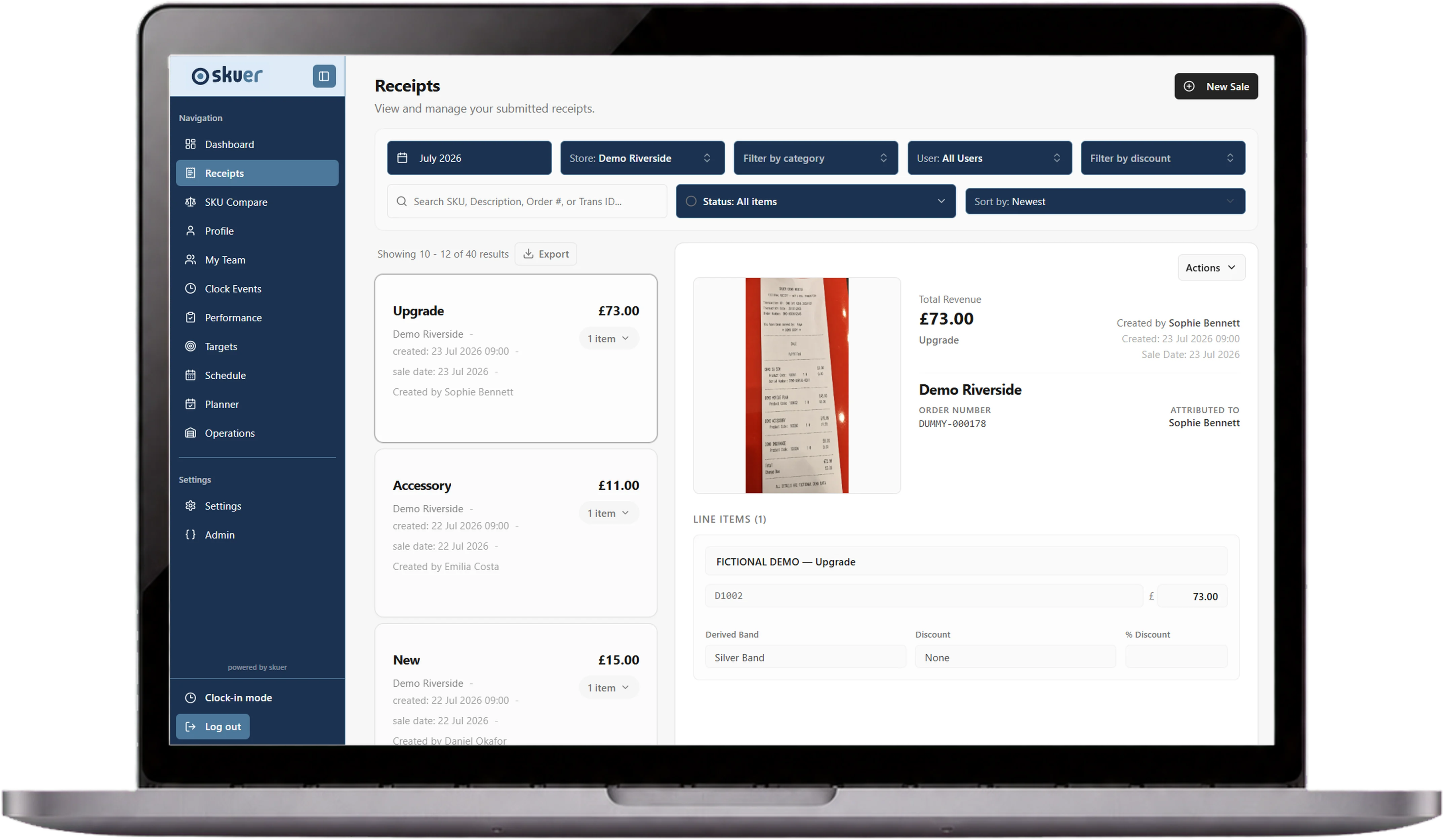 Fictional skuer laptop workspace for capturing, reviewing and managing receipts