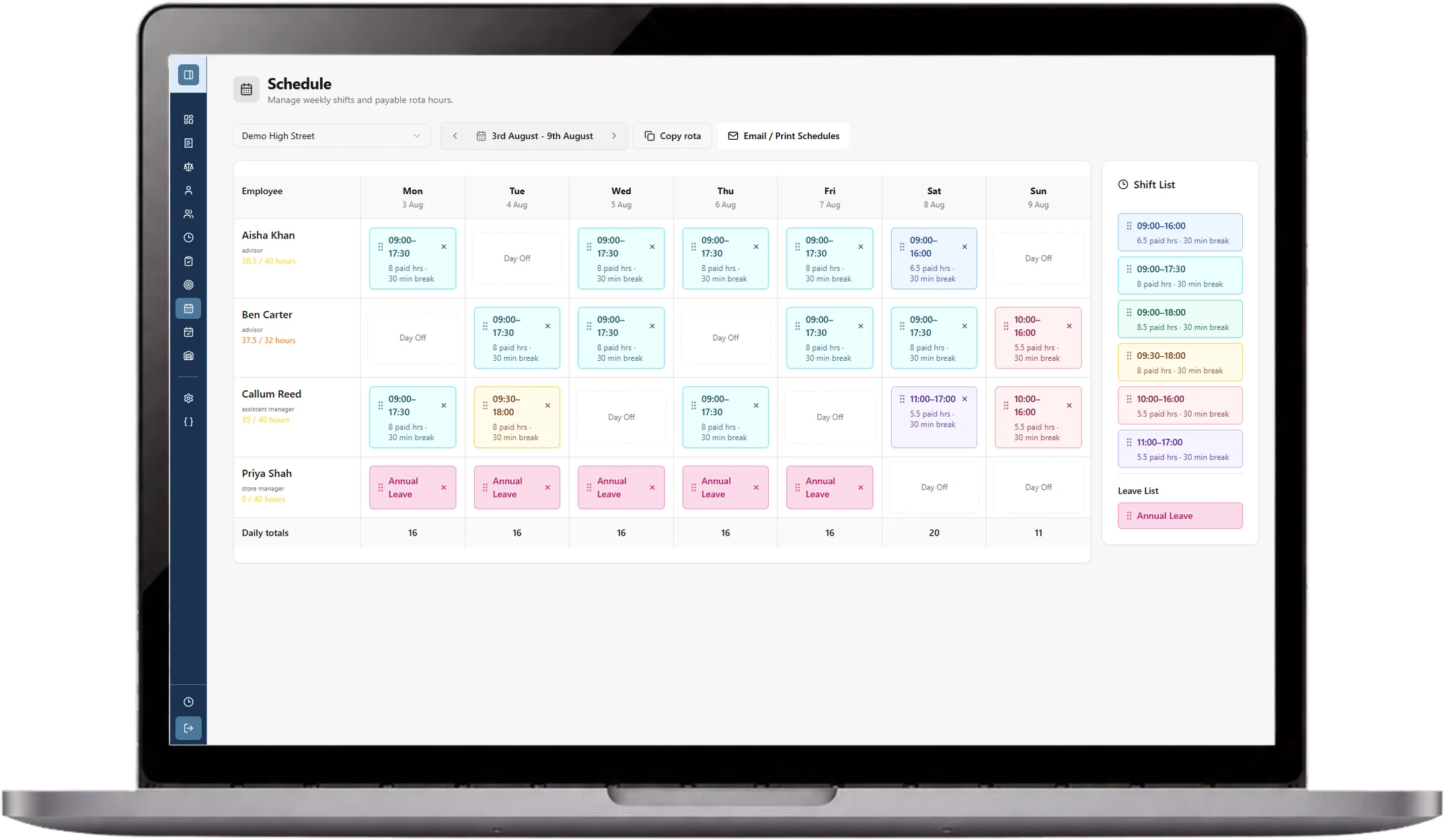 Fictional skuer laptop schedule showing weekly shifts and payable rota hours